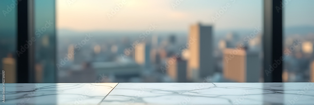 Poster A marble table top with selective focus stands out against a blurred abstract cityscape in the background._00002_