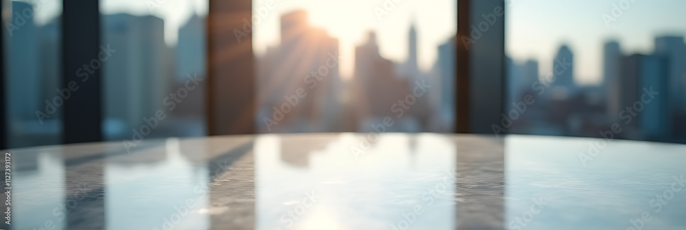 Poster A marble table top with selective focus stands out against a blurred abstract cityscape in the background._00001_