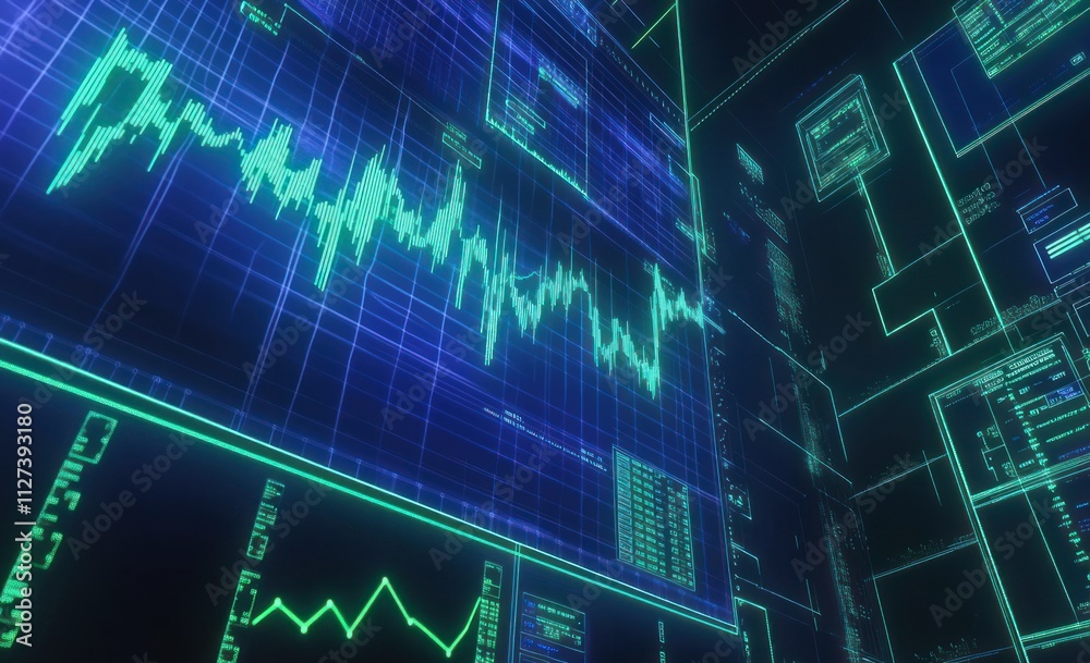 Poster Abstract digital interface displaying data visualizations and trends.