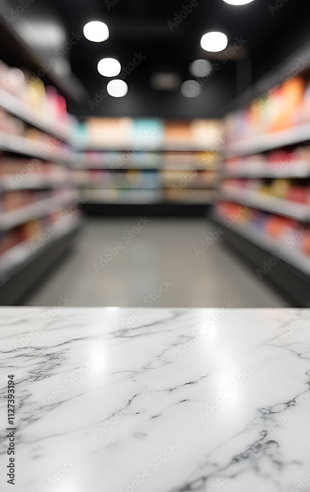 Poster A marble table top is prominently displayed with a blurred supermarket product shelf as its subtle yet striking background._00002_