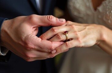 Fototapeta premium The groom holds the bride's hand close up with a beautiful gold ruby ring