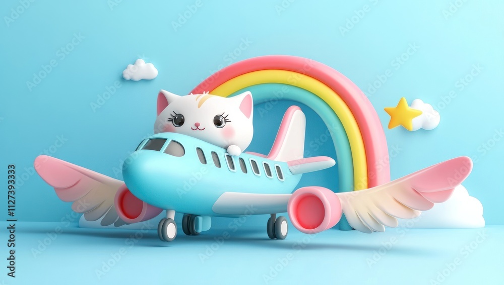 Poster A cute cat character flying an airplane with a rainbow and clouds in a playful setting.