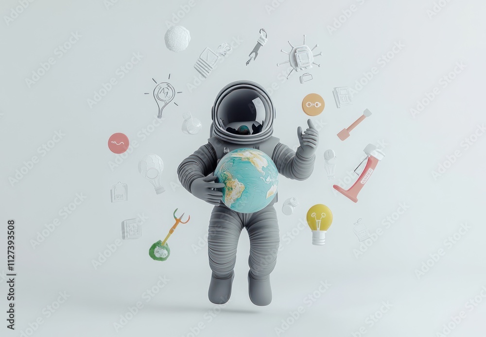 Poster an astronaut holds a globe surrounded by various icons symbolizing knowledge and creativity.