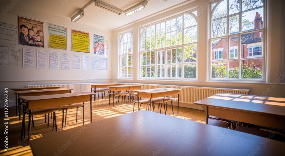 Poster Bright classroom with wooden tables and large windows overlooking greenery.
