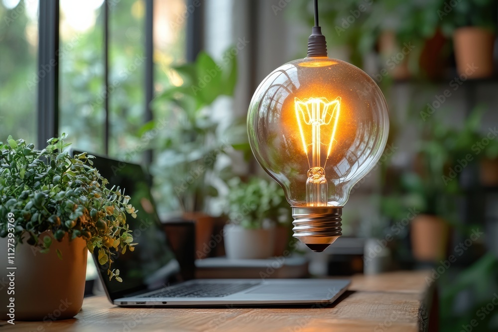 Poster Symbolic image of innovation featuring a floating light bulb above a laptop, isolated for branding use.