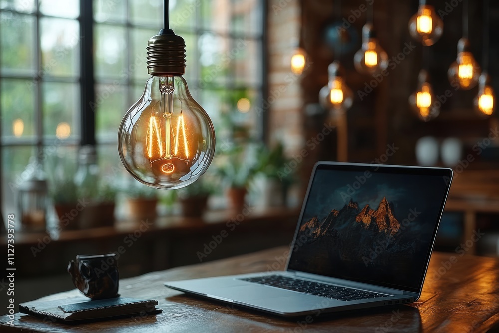 Poster symbolic image of innovation featuring a floating light bulb above a laptop, isolated for branding u