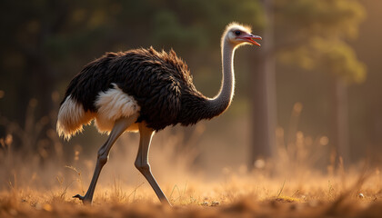 Ostrich sneaking through golden grass in a soft, hazy light