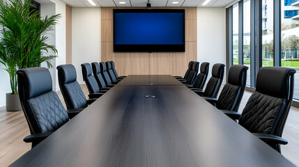 Modern conference room featuring a long table, black leather chairs, large windows, and a wall-mounted screen for presentations.