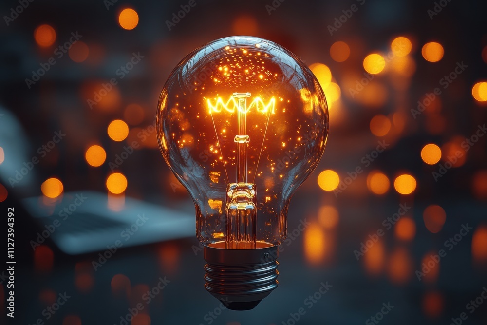 Poster technology and creativity concept featuring a glowing light bulb floating over a laptop, perfect for