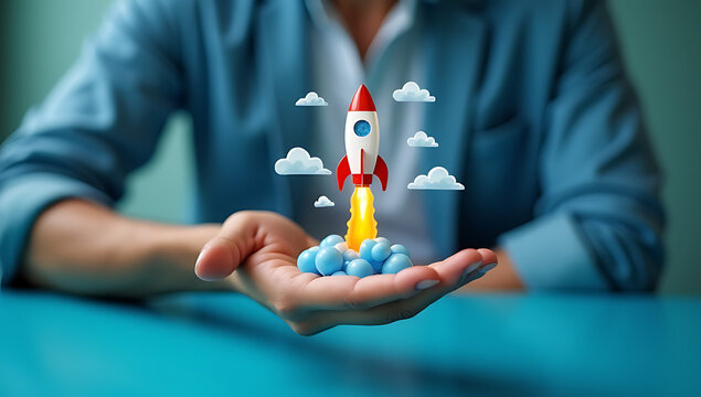 A man holds a launchpad concept in his hand on a blue desk, representing investment and success ideas._00002_