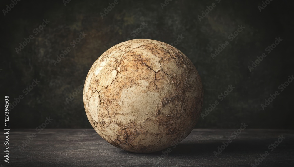 Poster a textured sphere resembling a weathered stone, set against a dark background.