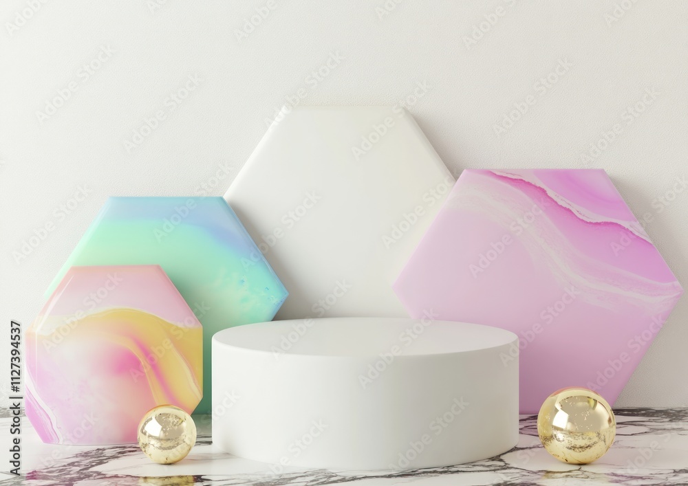 Poster A minimalistic display featuring colorful hexagonal shapes and a circular pedestal.