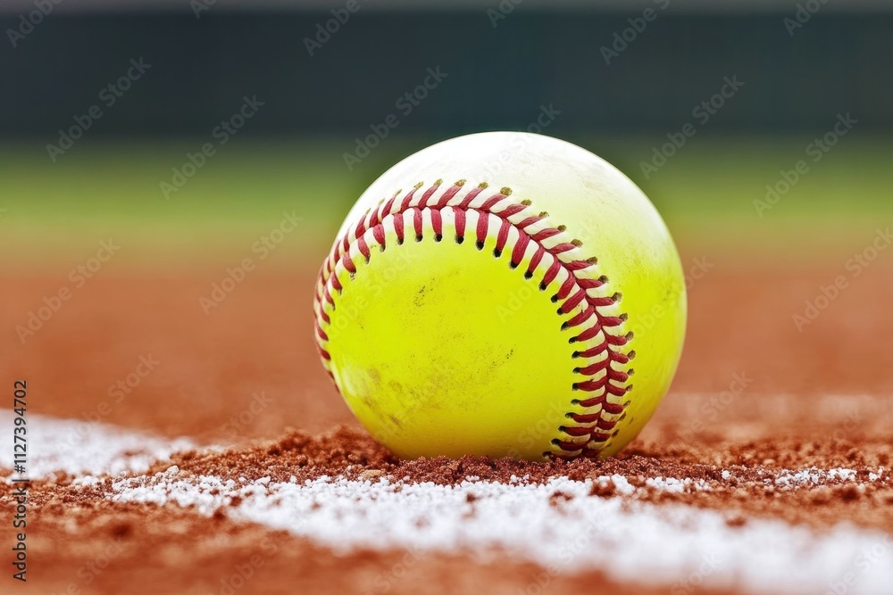 Poster a close-up of a yellow softball resting on a dirt field near a white line.