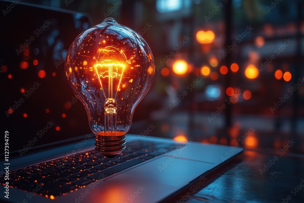 Poster technology and creativity concept featuring a glowing light bulb floating over a laptop, perfect for