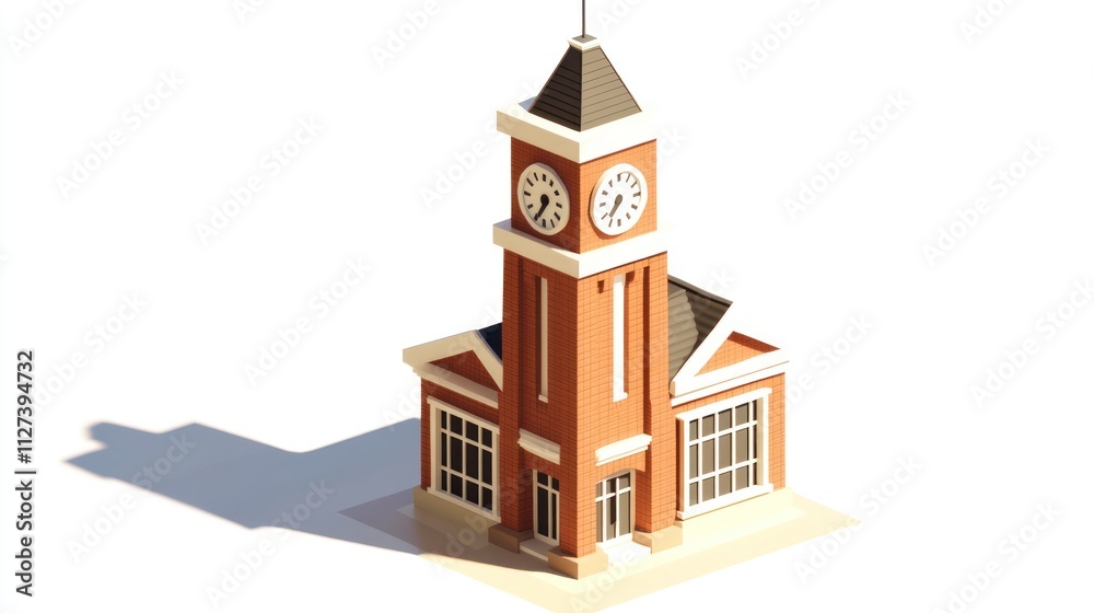 Poster a stylized clock tower building with a brick facade and a pointed roof.