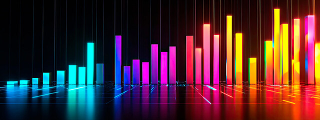 Multicolored chart graph on black background. Selective focus.