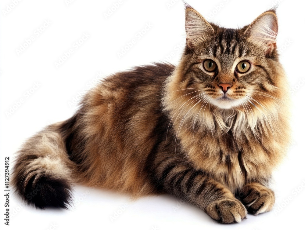 Poster a fluffy maine coon cat lying gracefully with a soft expression.
