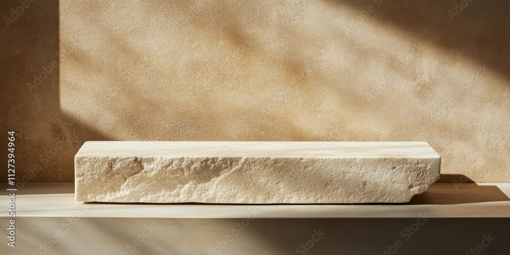 Aufkleber a minimalist stone slab on a shelf against a textured wall, emphasizing simplicity and design.