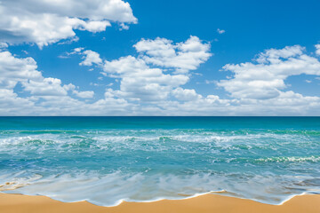 Fototapeta premium A beach with sun shining over the water. Waves on the beach in the sea. A blue sky and clouds with blue sea waves. A beach with waves and clouds on the sea and blue sky lifestyle.