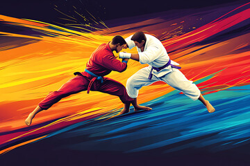 Two martial artists in combat, showcasing dynamic movement and vibrant colors.