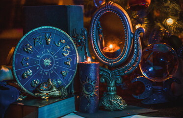 Rite with a burning candle, night mystery atmosphere, Christmas eve, Yule or another day