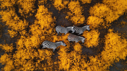 Fototapeta premium Serene aerial view of zebras among golden bushes