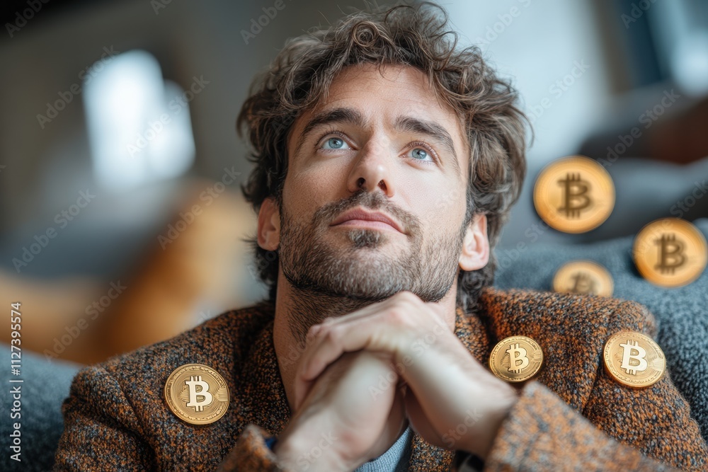 Poster thoughtful professional man surrounded by golden bitcoin symbols and dollar signs in a tech-inspired