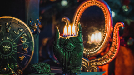 Rite with a burning candle, night mystery atmosphere, Christmas eve, Yule or another day