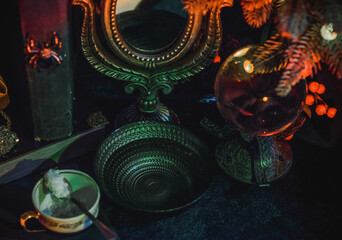 Rite with a burning candle, night mystery atmosphere, Christmas eve, Yule or another day