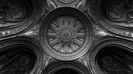 Intricate, dark, metallic, ornate ceiling design.
