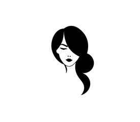 Vector illustration of black and white silhouette of a girl's face with curls	