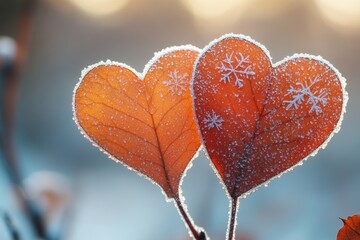Two heart-shaped leaves, one large and one small, adorned with snowflakes against a serene blurred backdrop.