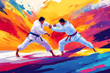 Two martial artists engage in a dynamic judo match against a vibrant, abstract background.