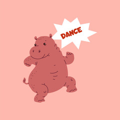 Cute hippopotamus dancing, vector cartoon funny mammal have fun on disco party, music wild animal entertainment