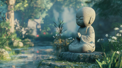 Obraz premium Serene Jizo statue in a tranquil Japanese garden. Generative AI image
