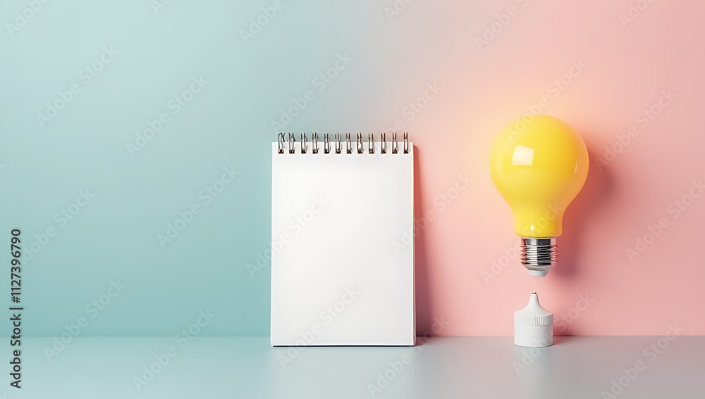 Aufkleber A creative brainstorming session is set up with a lightbulb and notepad on a soft pastel colored background nearby._00003_