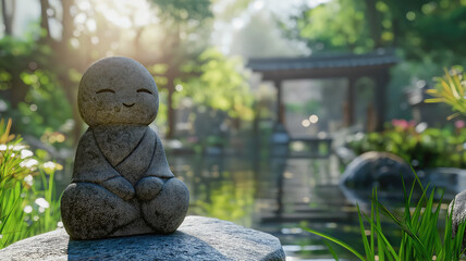 Serene Jizo statue in a tranquil Japanese garden. Generative AI image