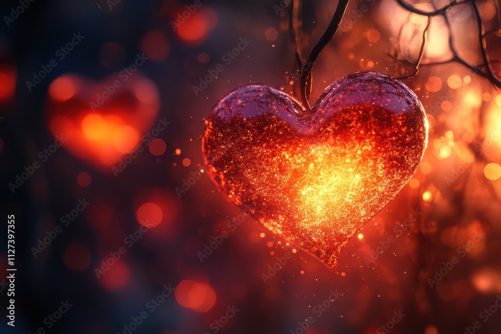 Poster warm and dreamy heart bokeh background with smooth light transitions, ideal for festive designs.