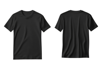 A black t-shirt is shown from the front and back, providing a blank template for design or branding purposes.