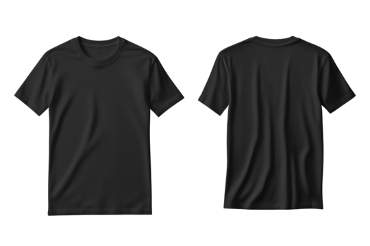 A black t-shirt is shown from the front and back, providing a blank template for design or branding purposes.