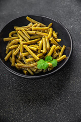 Green beans food ready to eat tasty food dish fresh delicious gourmet food background on the table rustic top view copy space top view keto and paleo diet мegetarian and vegan food