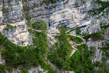 Fanes Waterfalls ( Cascate Di Fanes ) tourist trail. Dolomites, Italy, Europe