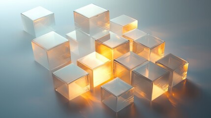 photorealistic isometric design of a geometric arrangement of small transparent blocks with subtle...