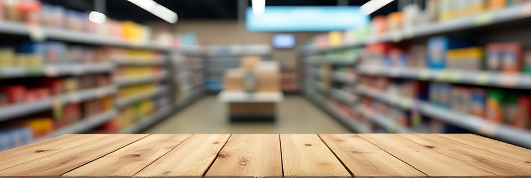 A blurry product shelf blends into a busy supermarket backdrop while a focused wooden table captures attention at the center._00002_
