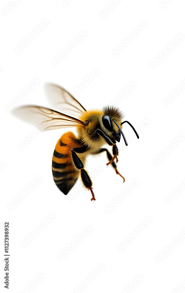 Poster A bee in flight is isolated against a clean white background with clipping paths for easy removal from the image._00002_