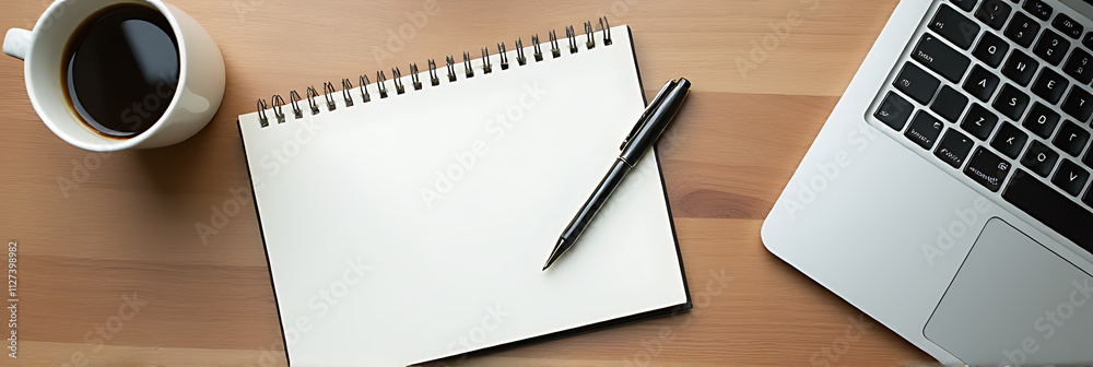 Poster a blank white notepad sits next to a coffee latte on a wooden table in a minimalist business flat la