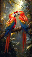 Obraz premium A pair of vibrant scarlet macaws interacting playfully on a tree branch, surrounded by dense tropical foliage.