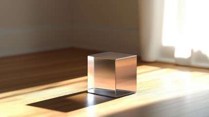 photorealistic isometric perspective of a small cube with a perfectly reflective surface on a soft,...