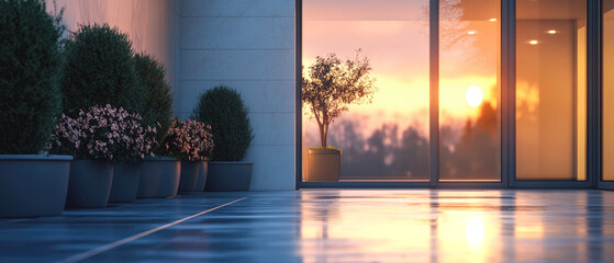 A modern minimalist balcony at sunset with potted plants and shrubs along the wall, while golden sunlight reflects dramatically on the polished floor through glass windows. Generative AI.