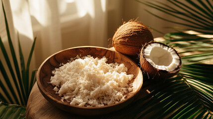 Coconut and coconut flakes in a plate on the table. Selective focus.